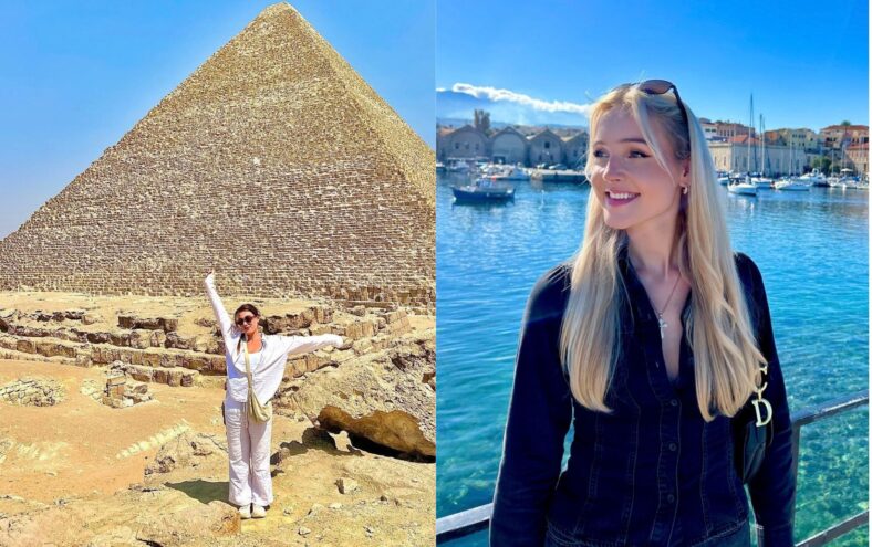 Til venstre står ein jente kledd i kvitt foran ein pyramide. Til høyre står ei blond jente og smiler foran eit blått vann.