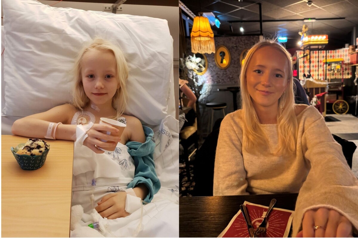 To bilete av same jente. I biletet til venstre er ho ni år gammal og ligg i ein sjukehusseng. I bildet til høgre er ho 17 og smiler på restaurant.