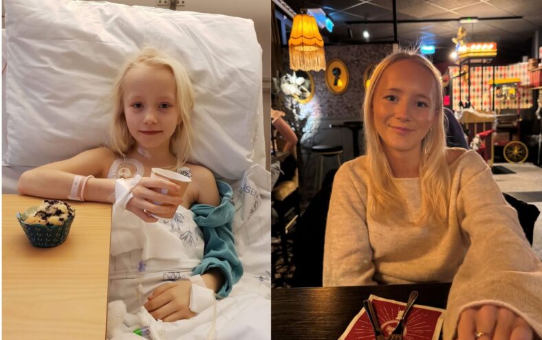To bilete av same jente. I biletet til venstre er ho ni år gammal og ligg i ein sjukehusseng. I bildet til høgre er ho 17 og smiler på restaurant.