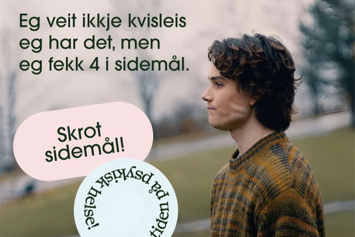 Ein gutt står ute. Teksten lyder Eg veit ikkje kvisleis eg har det, men eg fekk 4 i sidemål.